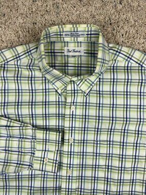 Paul Frederick Cotton Plaid Button Up Shirt Green Blue White Large Men Easy Care